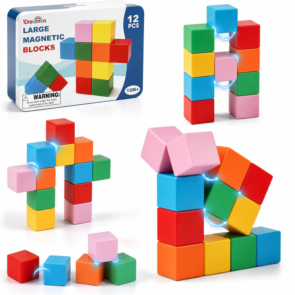 Dreamon Large Magnetic Blocks with Metal Box, 1.65in Magnetic Building Cubes Toddler Travel Essentials Toys for Boys Girls Ages 1-3, 12 PCS STEM Educational Magnet Sensory & Montessori Toys Birthday Gifts