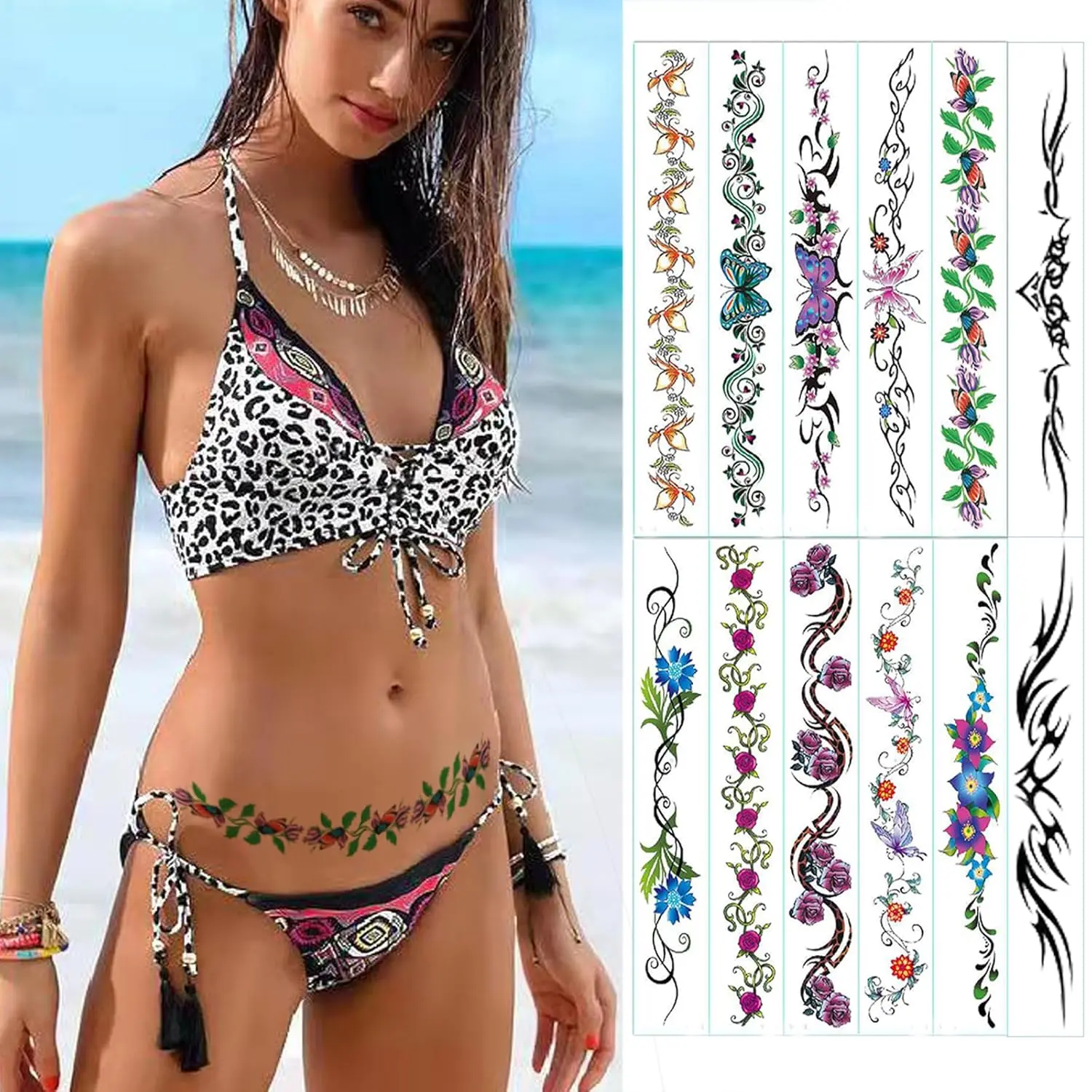 Women's Waterproof Flower Theme Temporary Tattoos - 12 Sheets, Painless Henna Stencils Butterflies, Fake Body Tattoos for Girls for Navel-Belly-Abdomen-Waist-Back, Painless Tattoos