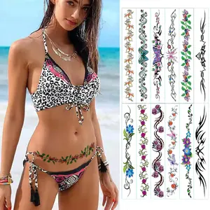 Sexy Flower Navel Tattoo Stickers 12 Sheets Long Belly Abdomen Waist Back Waterproof Temporary Tattoos for Women Girls Fake Body Tattoos