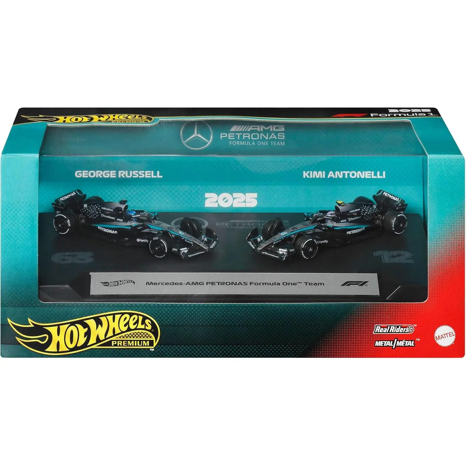 Hot Wheels Premium Formula 1 Toy Cars, 2 1:64 Scale Mercedes-AMG Petronas Formula One Team Racecars of George Russell & Kimi Antonelli