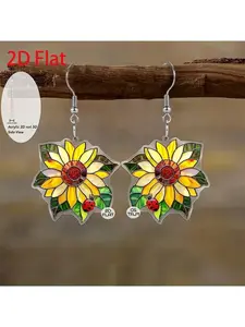 hand-painted sunflower pendant earrings - hand-painted yellow and brown sunflower petals with green leaf accents, red center - lightweight and elegant daily wear and party jewelry, bohemian style gift (electroplated) - suitable for all seasons