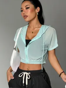 Women's Breathable Mesh High Elasticity Short Sleeve Zipper Hooded Loose Fit Jacket, Sports Hooded Jacket, Ideal for Gym Running Outdoor Casual Daily Commute, Workout Clothes Women