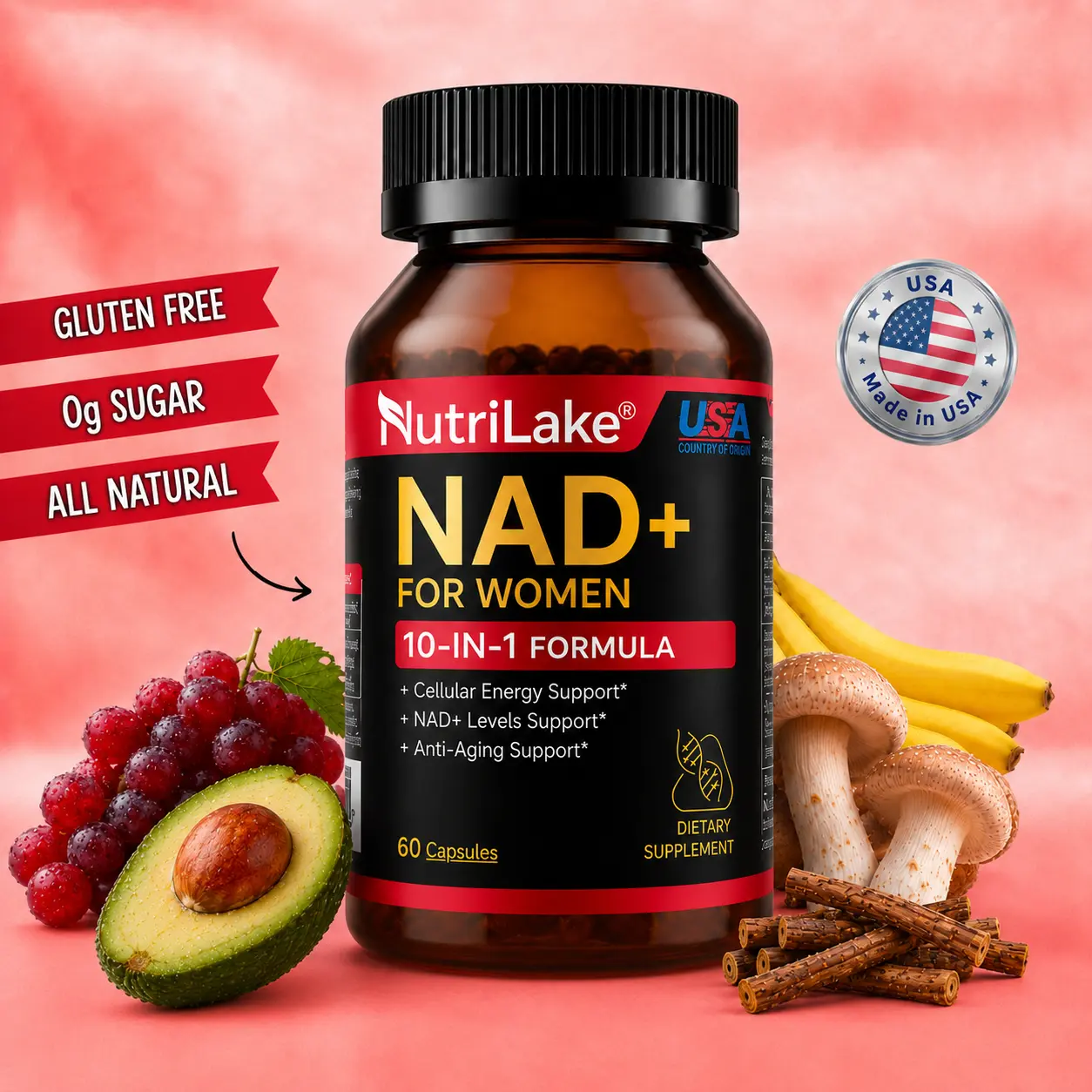 NutriLake NAD+ Supplements for Woman Anti-Aging,Wrinkle Defense Capsules –  Trans-Resveratrol,Ergothioneine-Super Blend CoQ10,PQQ,Supports Cellular Health,Energy & Skin Revitalization – 60 Capsules Healthcare Nutrition Supplements