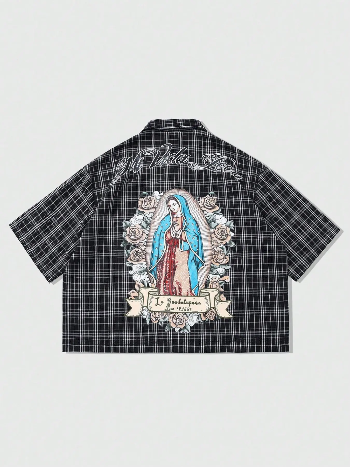 Men's Plaid Loose Fit Casual Short Sleeve Button Shirt, Casual Trendy Shirt, Saint Mary Faith Print, Street Style Design, Daily Wear Fashion, Casual Stylish Menswear