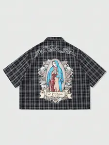 Men's Plaid Loose Fit Casual Short Sleeve Button Shirt, Saint Mary Faith Print, Street Style Design, Daily Wear Fashion, Casual Stylish Menswear