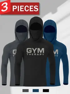 Men's Gym Therapy Print Hooded Tight-Fit Set (3-Pack), Masked Workout Top for Weightlifting, Casual Geometric Pattern, Fitted Style