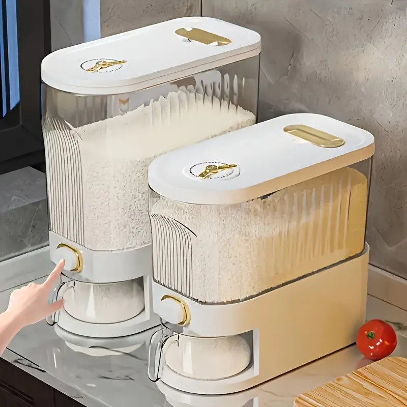 22lb Extended Capacity Kitchen Grain Dispenser & Storage Container, Plastic Utensil with Measuring Cup, Time Scale, Sealed Flip Design, Transparent Front for Dry Food (Rice, Corn, Soybeans) - Home Storage Organization Solution