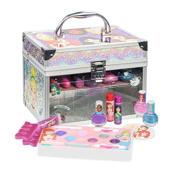 Disney Princess Train Case Girls Beauty Set, Kids Makeup Kit for Girls, Real Washable Toy Makeup Set, Play Makeup, Pretend Play, Party Favor, Birthday