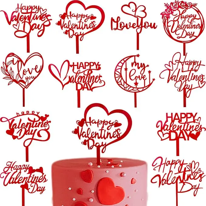 12Style Happy Valentine's Day Cake Topper Acrylic Valentines Cake Topper Red Sweet Love Heart Shaped Cupcake Topper Cake Picks for Valentine's Day Anniversary Wedding Birthday Party Cake Decorations