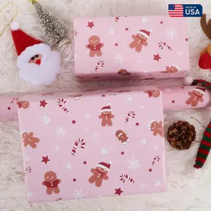Pink Gingerbread Man Snowflakes, Candy Canes Gift Wrapping Paper Rolls,Cute Holiday Kids Gift Wrap Paper for Boys Girls Xmas Party, Christmas Gift for Him, Gift For Her