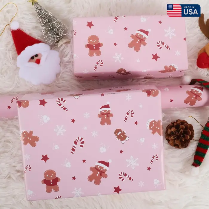 Pink Gingerbread Man Snowflakes, Candy Canes Gift Wrapping Paper Rolls,Cute Holiday Kids Gift Wrap Paper for Boys Girls Xmas Party, Christmas Gift for Him, Gift For Her