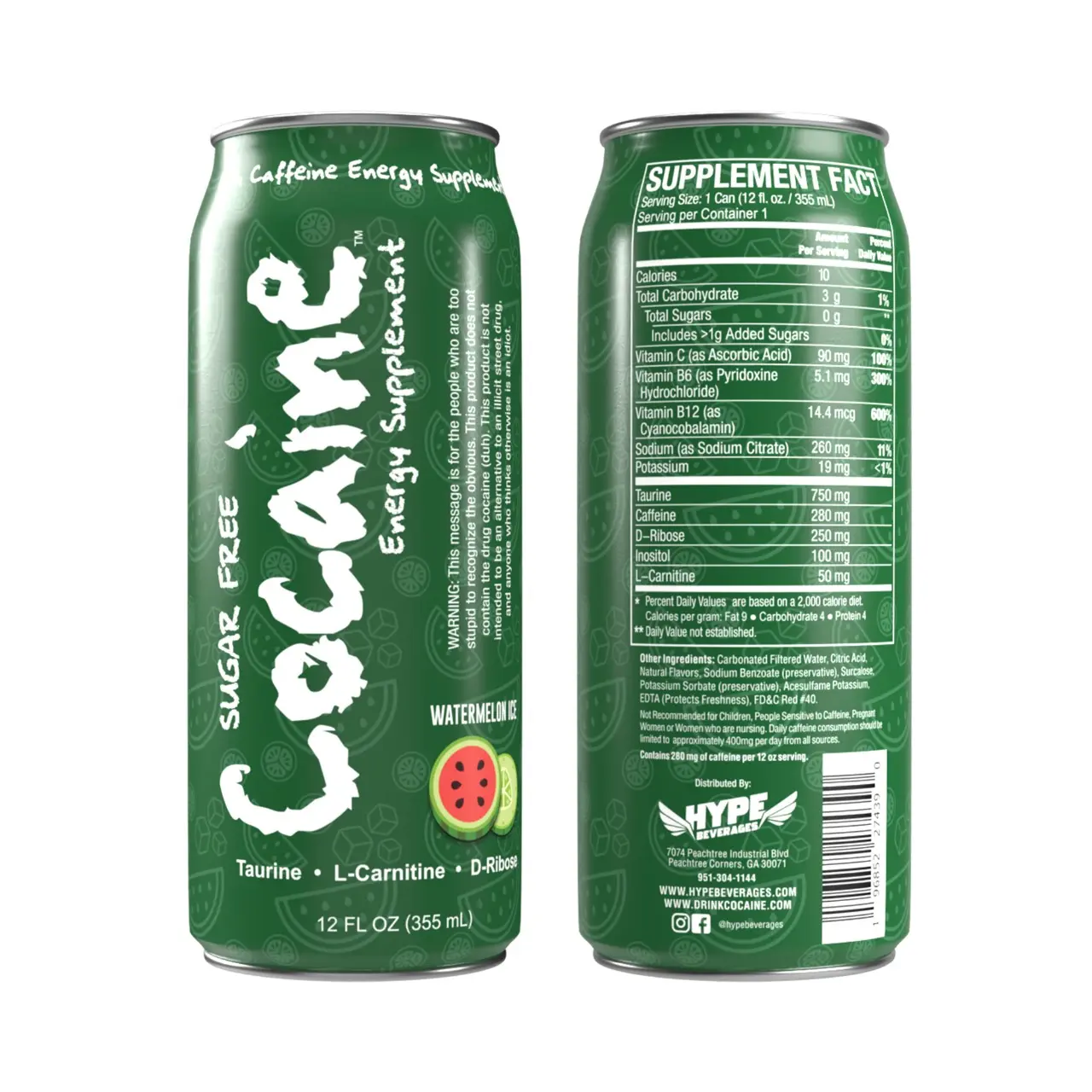 Hype Beverages Official 280mg Caffeine Watermelon Energy Drink - Healthy Energy Sports Drink with Taurine, L-Carnitine, Antioxidants, Vitamins, - 12 Oz Can - (Pack of 12 Icy Watermelon) Preworkout Caffeine Drinks