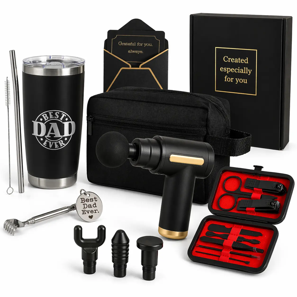 Gift Basket for Dad - 7 Piece Set with Massage Gun, 20 oz Tumbler, Key Ring, Manicure Kit & Toiletry Bag - Perfect for Birthday or Appreciation