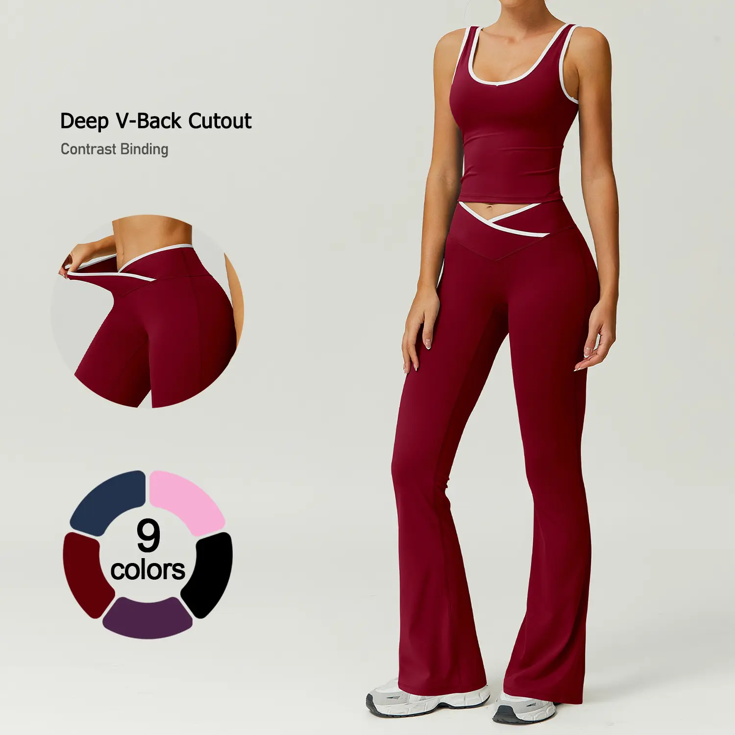 TimeOFF Two-Piece Color Block U-Neck Piped Tank & Bell Bottom Set, Deep V-Back Cutout, Contrast Binding Detail, Solves Trendy & Sculpting Need for Gym, Dance & Chic Casual Occasions,loungesetwomen,sweatsuits women,comfort sweat set