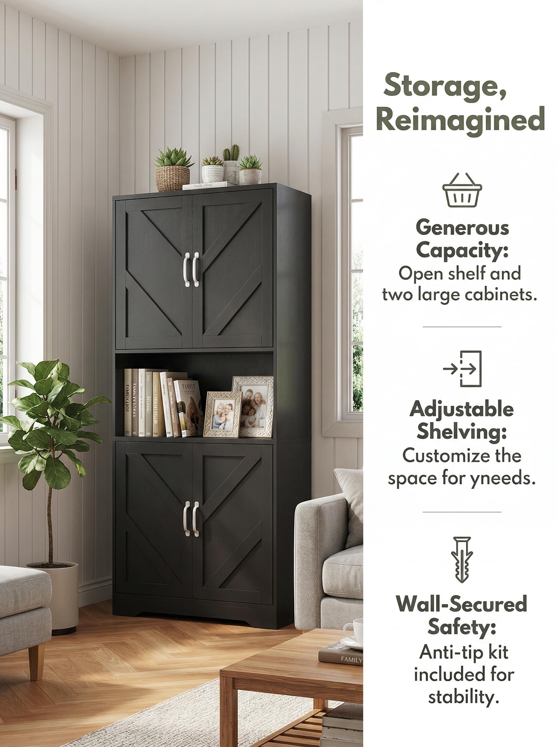 ZR-Garvee 70 Inch Tall Kitchen Pantry Cabinet with Microwave Stand and 4 Doors Large Storage Hutch with Adjustable Shelves Freestanding Cupboard for Pantry and Kitchen