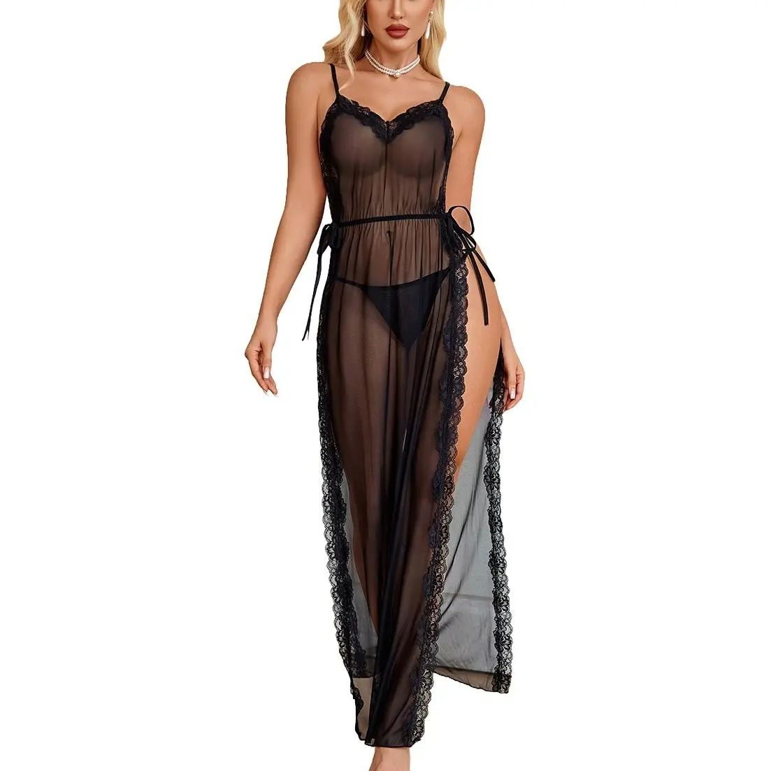 Avidlove Women Lingerie Nightgowns Lace Babydoll Mesh Sleepwear Long Lingerie Dress Side Split Nightdress S-XXL Elegant