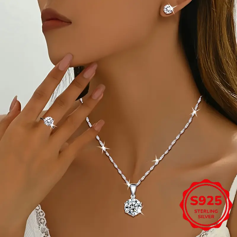 This three-piece set of 925 silver Moissanite jewelry is suitable for weddings, parties, and everyday wear; it's the perfect surise for Christmas and Mother's Day