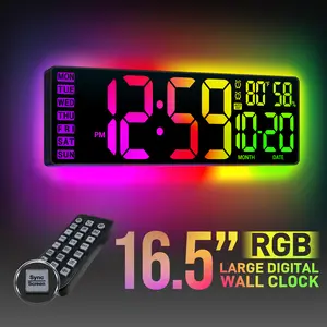 16.5" Large Digital Wall Clock: 13 RGB Night Lights Giant LED Display with Remote, Auto DST & Dimming, Classroom Must Have, Gaming Room Dorm Decor, Big Number Alarm Clock for Seniors RGB