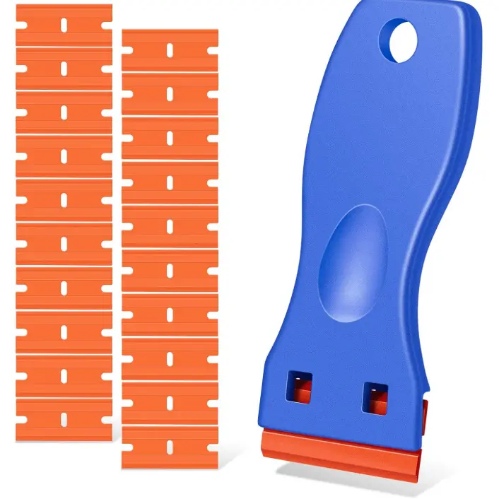 Plastic Razor Blade Scraper, Scraper Tool with 20 PCS Plastic Razor Blades for Removing Labels Adhesive Decals Sticker from Windows Glass (Blue)