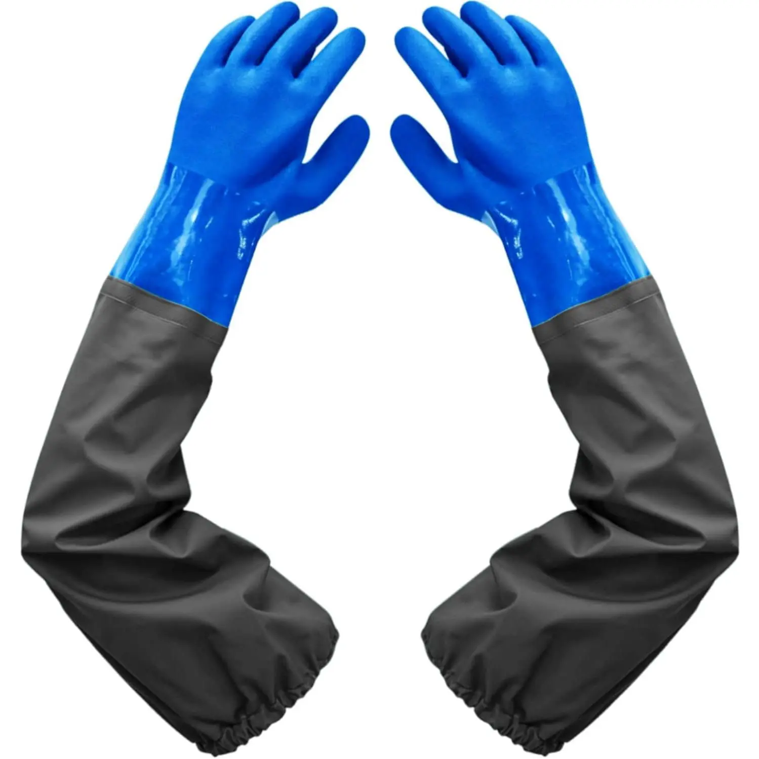 25.2-in Large Blue PVC Rubber Chemical-Resistant Heavy-Duty Waterproof Cleaning Gloves with Elastic Cuff & Cotton Lining for Chemical Work