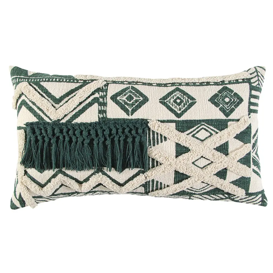 Ivory & Green Geometric Boho Chic Lumbar Pillow