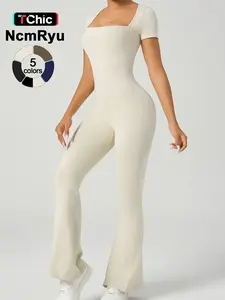 Women's Square Neck Jumpsuits One-Piece Suit Short Sleeve Gym Clothes Push Up Workout Tracksuit Fitness Bodysuit Sportswear Sporty Comfy Jumpsuit