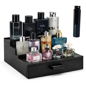 3 Tier Cologne Organizer for Men with Drawer – Wood Perfume Stand Organizer, Wooden Cologne Display Shelf for Dresser, Countertop cologne Rack, Mens Cologne Holder, Organizer