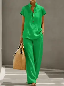 Women's Summer Stand Collar Short Sleeve Long Pants Set, Loose Fit, Elastic Waist Design, Casual Daily Wear, 2 Piece Womenswear