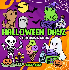 Wook Books Halloween Dayz Bold Easy Coloring Book with Reusable Protective Sheet Hand Drawn Illustrations for Stress Relief 8.5 x 8.5 Portable Size