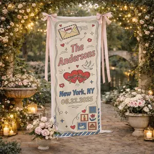 Personalized Cotton Linen Tapestry, Wedding Name Date Banner, Custom Location Heart Letter Design