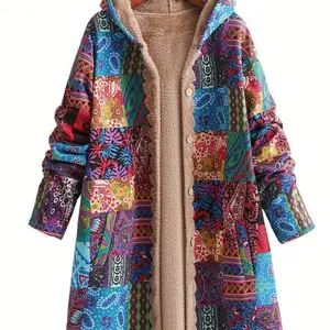 Warm Fleece-Lined Hooded Coat - Colorful Paisley & Floral Print Long Sleeve Outerwear for Women - Machine Washable, Button Front Tops Fit