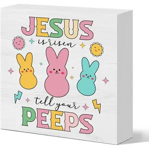Funny Easter Jesus Decorations Desk Decor Jesus is Risen Tell Your Peeps Wooden Box Sign Religious Easter Christian Decorations for Home Farmhouse Kitchen Bathroom Shelf Table Decor, 5 X 5 Inches