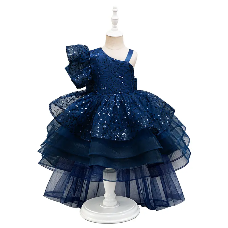 Girls Party Dress - Dazzling Silver Sequin Pageant Gown, One-Shoulder Ruffle High-Low Tutu for Birthdays & Formal Events first  communion  dress