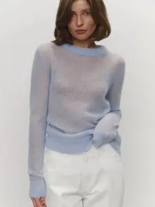Women's Sheer Knit Sweater, Lightweight Long Sleeve Crewneck Pullover, Soft Cozy See Through Design, Perfect for Casual Wear