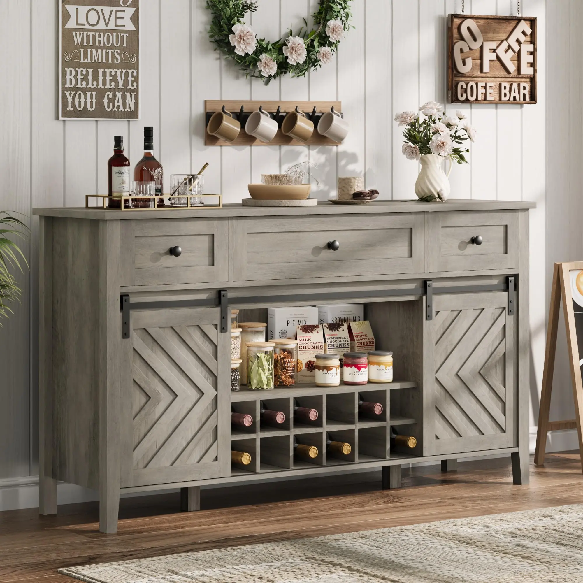 59'' Farmhouse Buffet Cabinet with Sliding Barn Door, Rustic Sideboard with 3 Drawer, Removable Wine Rack, Farmhouse Sideboard with Adjustable Shelf for for Dining Room, Kitchen, White