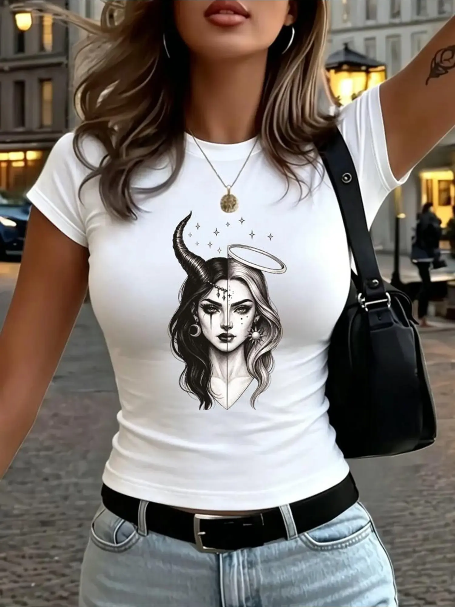Women's Casual Short-Sleeve Cotton Crop Top - White, Cat Climbing Tree Print, Punk Fit, Comfortable, Matching Skirts