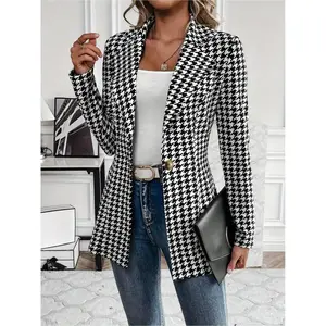 Women's Houndstooth Print Open Front Suit Blazer, Casual Long Sleeve Outerwear for Work Office Business, Ladies Clothes for All Seasons, Womenswear