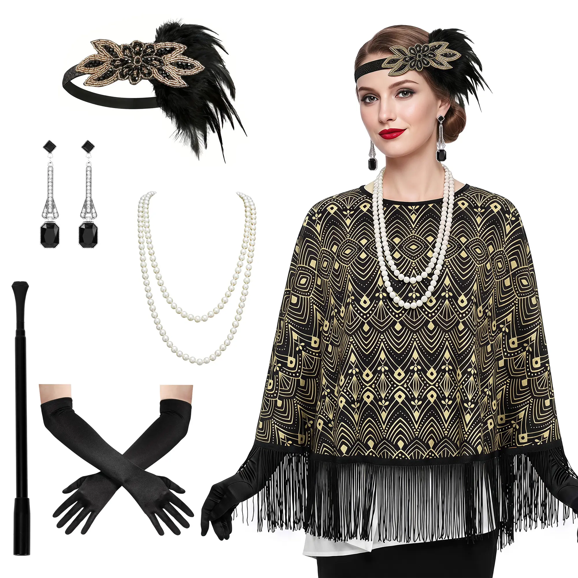 Women 1920s Gatsby Flapper Costume Set, Vintage Fringe Shawl with Feather Headband Pearl Necklace Gloves Cigarette Holder, Roaring 20s Party Dress Up for Ladies