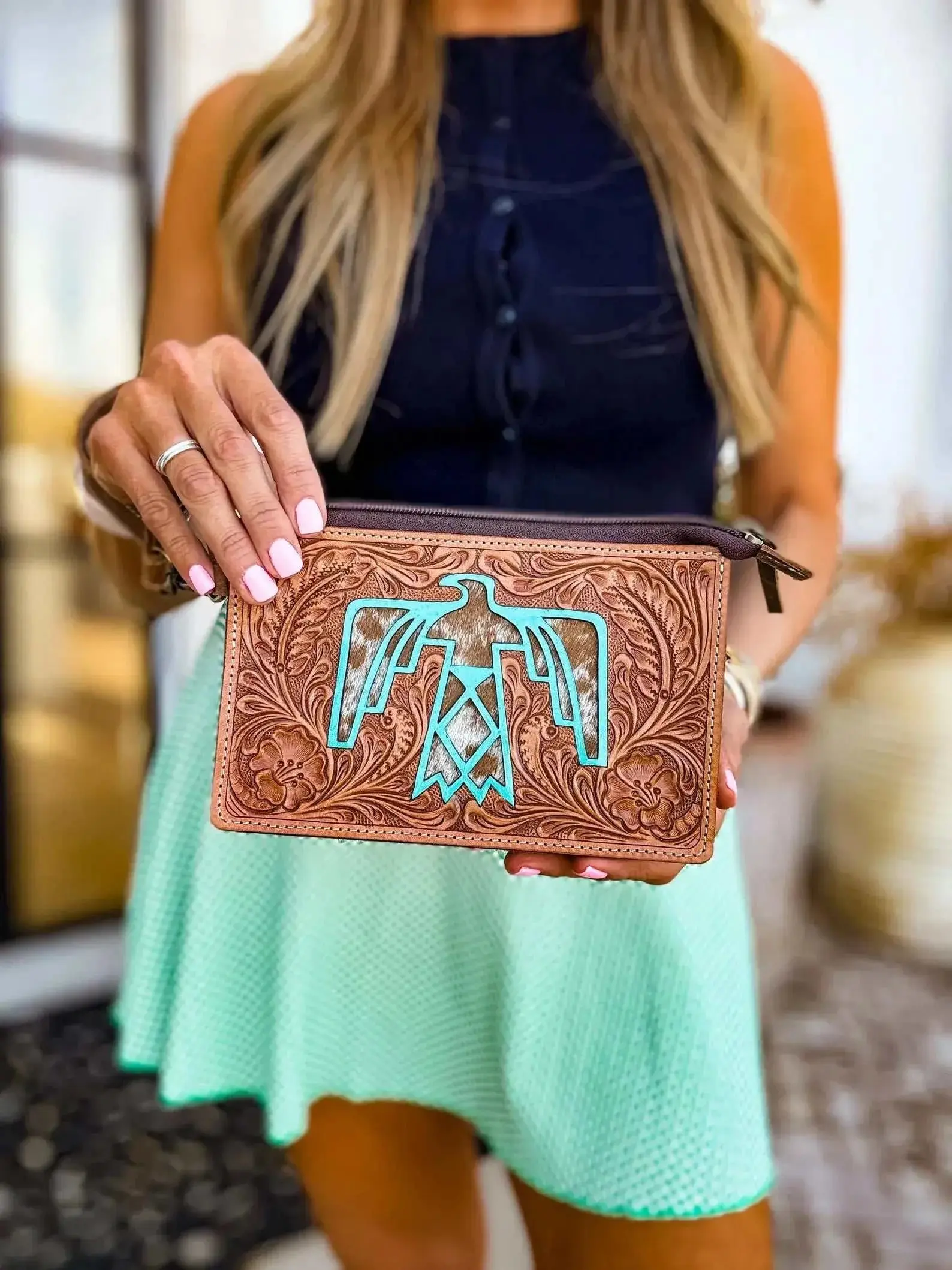 Boho Ranch Shop Thunderbird Leather Cowhide Wristlet, Casual Wallet, Wristlet Wallet