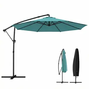 10 Ft Outdoor Offset Sun Umbrella - Push Button 360 Rotating Canopy Parasol with Protective Shade Cover, Sun-Shaded/Automatic Sunshade Option, Cross Base Requires 132 Lbs Unincluded Weight for Rain/Snow, Shade Cover Parasols, Sun Umbrella Parasols