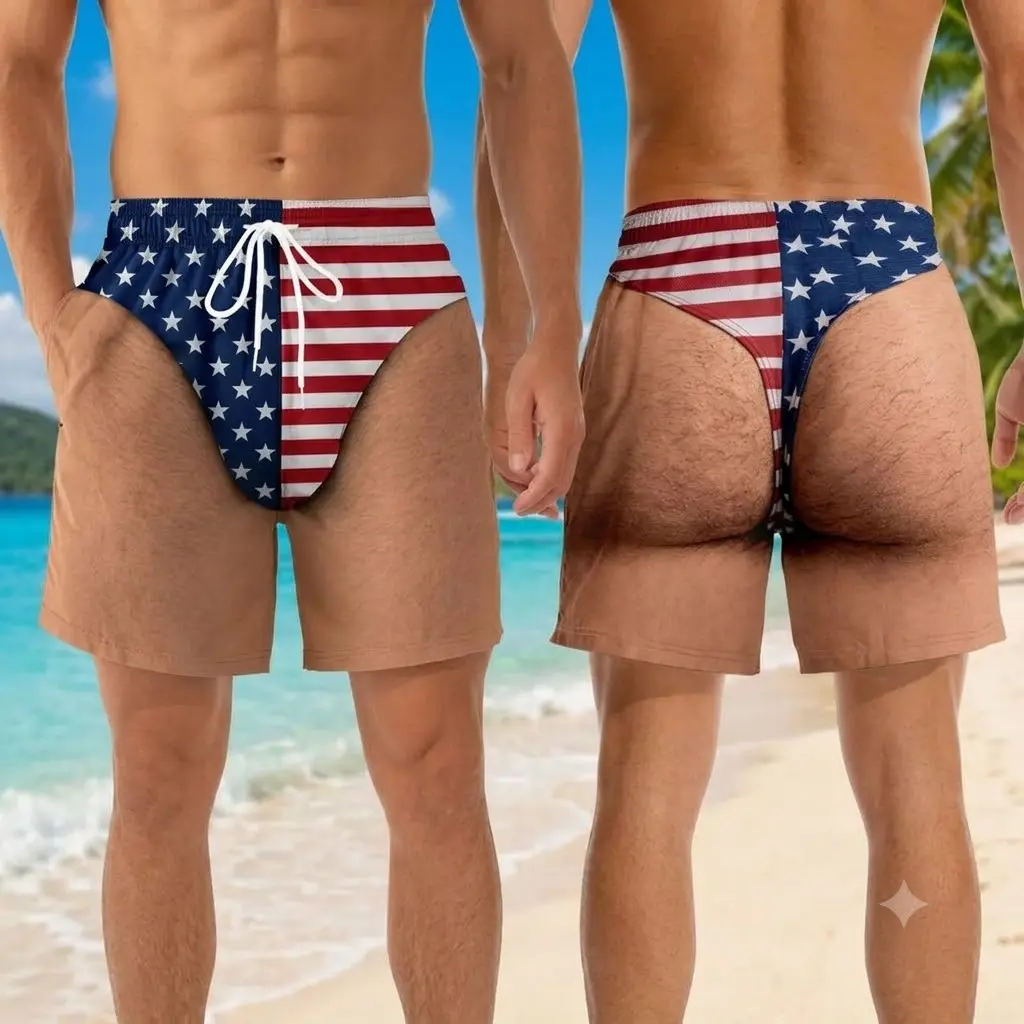 Funny Patriotic Men Swim Trunks, American Flag Triangle Swim Trunks with Fake Two-Piece Design
