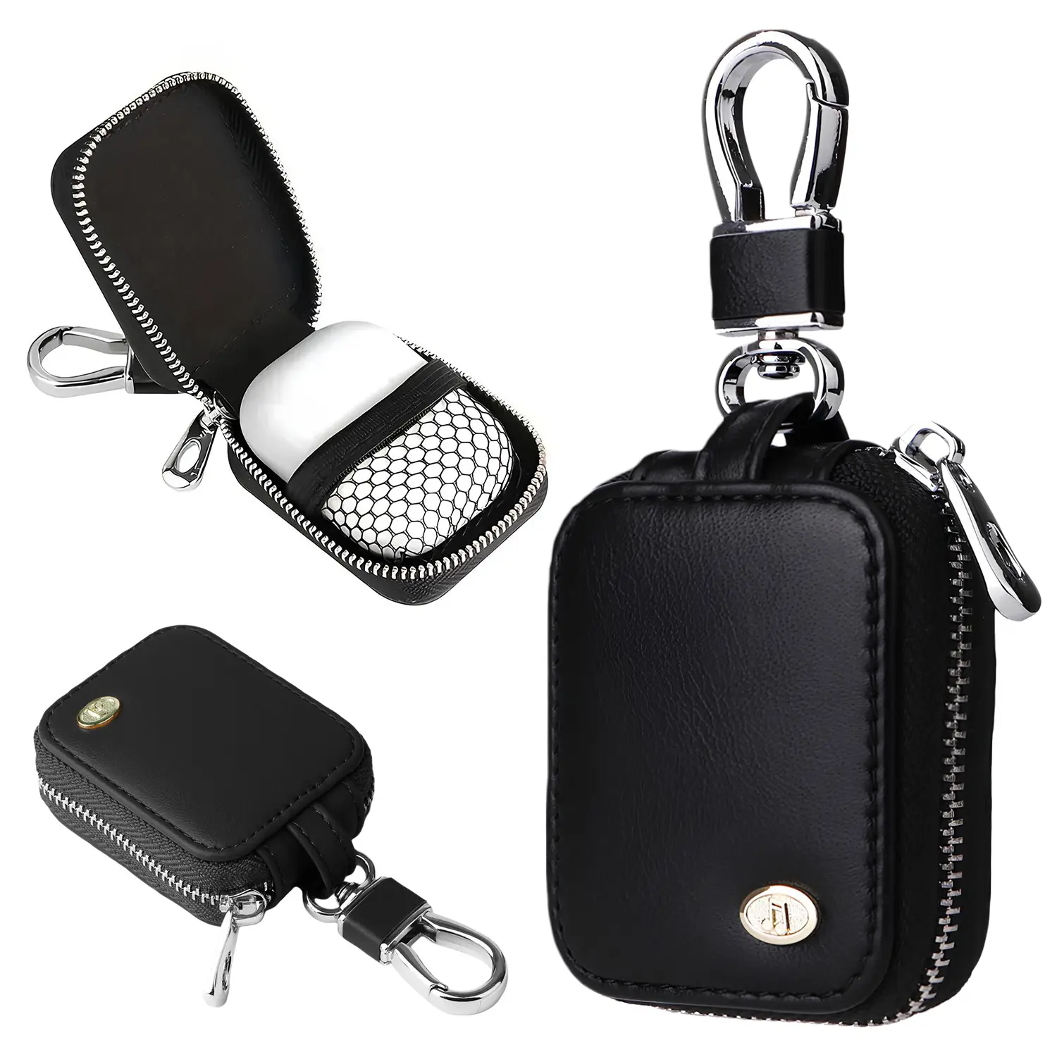 BMTWE Universal Leather Earbud Bag for AirPods 1/2/3/4 Pro Waterproof Earphone Bag with Keychain Mesh Pocket Portable Earbud Storage Bag for USB Cable Wired Earphones