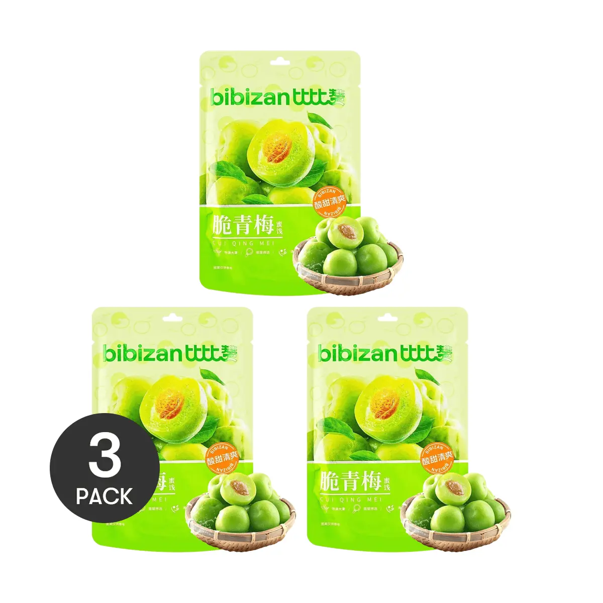 BiBiZan 3 Pack Crispy Green Plums 200g Each - Sweet & Sour, Juicy, Thick Flesh, Snack