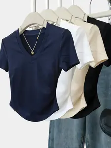 Women's Lady V Neck Curved Hem Short Sleeve T-Shirt Set, Slim Fit Solid Color Casual Basic Summer Top, 4 Piece Set Womenswear, Casual Everyday Wear