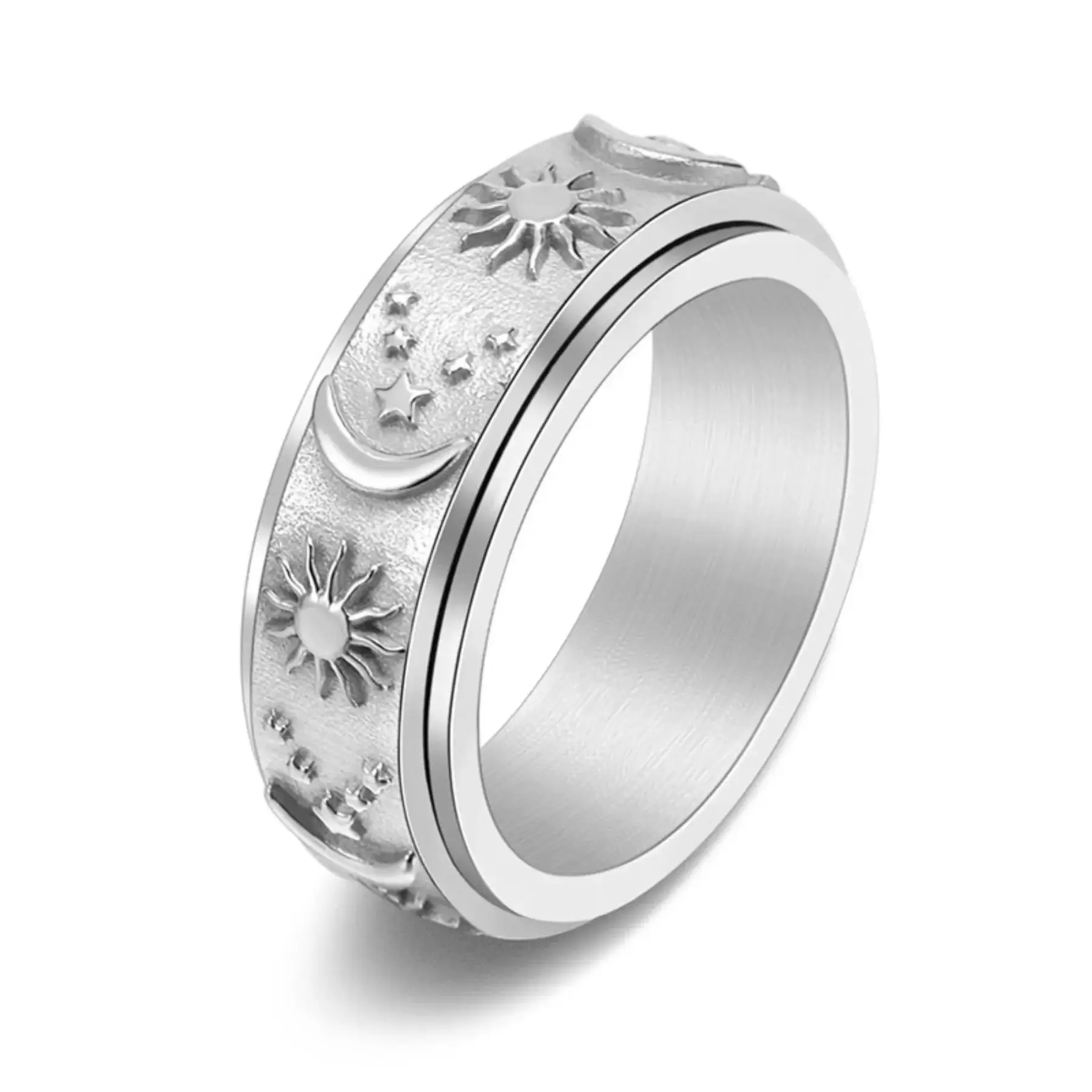 Unisex Punk Style Lasting Steel Rotating Spinner Ring - Relief Spiral Statement Piece, Witchy Moissanite Celestial Jewelry, Unique Alternative Funky Rings for Men & Women