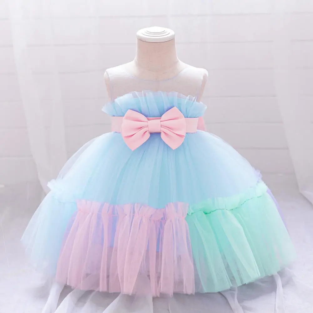 6M-2Y Blue Tulle Kids Clothes 5355 Bow Anniversary Birthday Baptism Flower Girls Frock Ball Gown Pageant Children Elegant Princess Prom Host Formal Evening Party Banquet Dress for All Season
