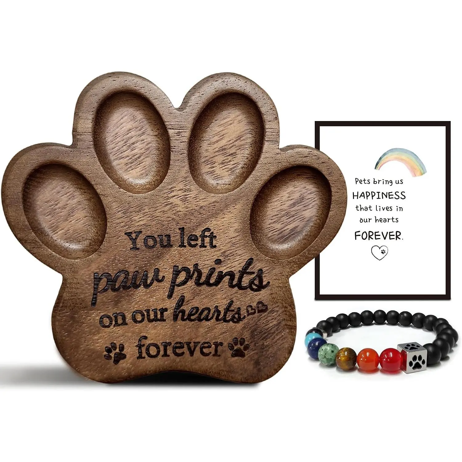 Pet Memorial Paw Print Shape Ornament & Bracelet to Remember Dogs or Cats | Walunt Hardwood,Rainbow Bridge Dog Memorial Gifts,Sympathy Gifts for Women Men Who Lost Pets