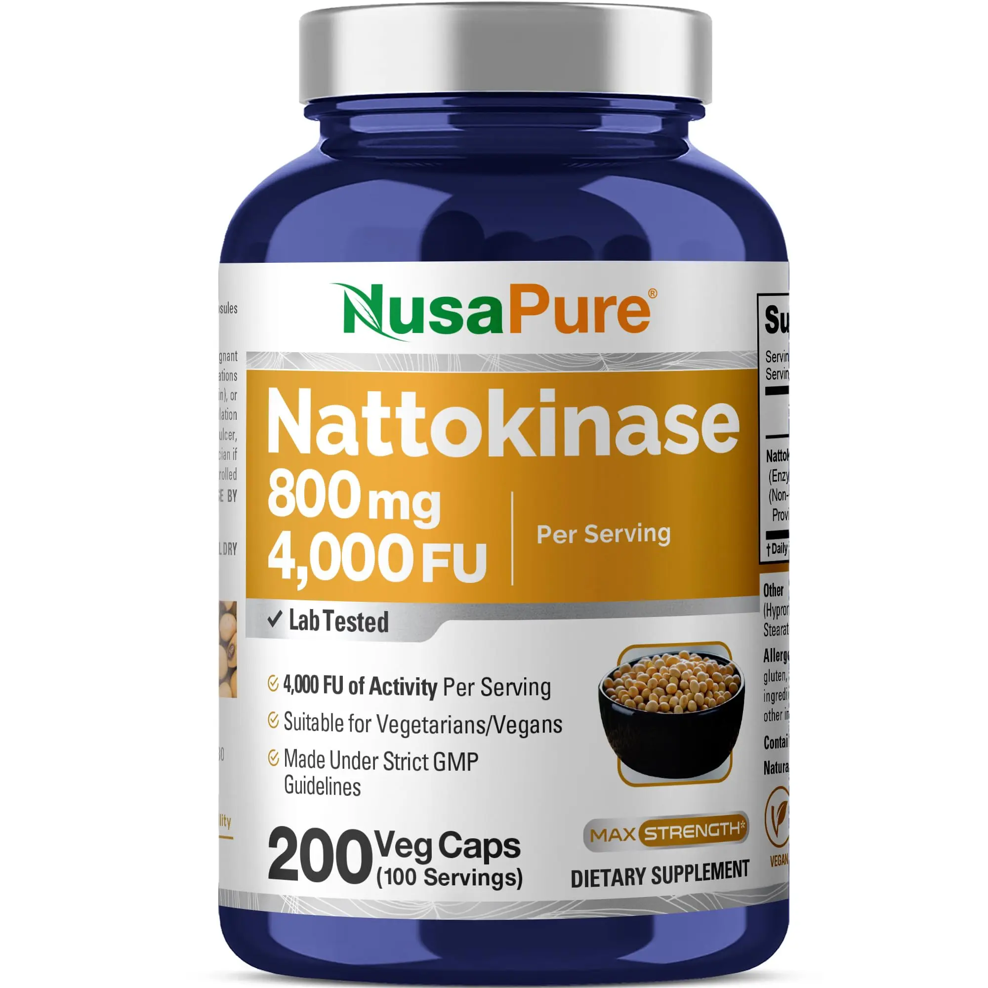 NusaPure Nattokinase Advanced Dietary Supplement - 4000 FU, 800mg, 200 Veggie Capsules, Vegan, Non-GMO, GMP-Certified, Soybean-Based for Blood Pressure Control & Body Health, Daily Nutrition Supplement