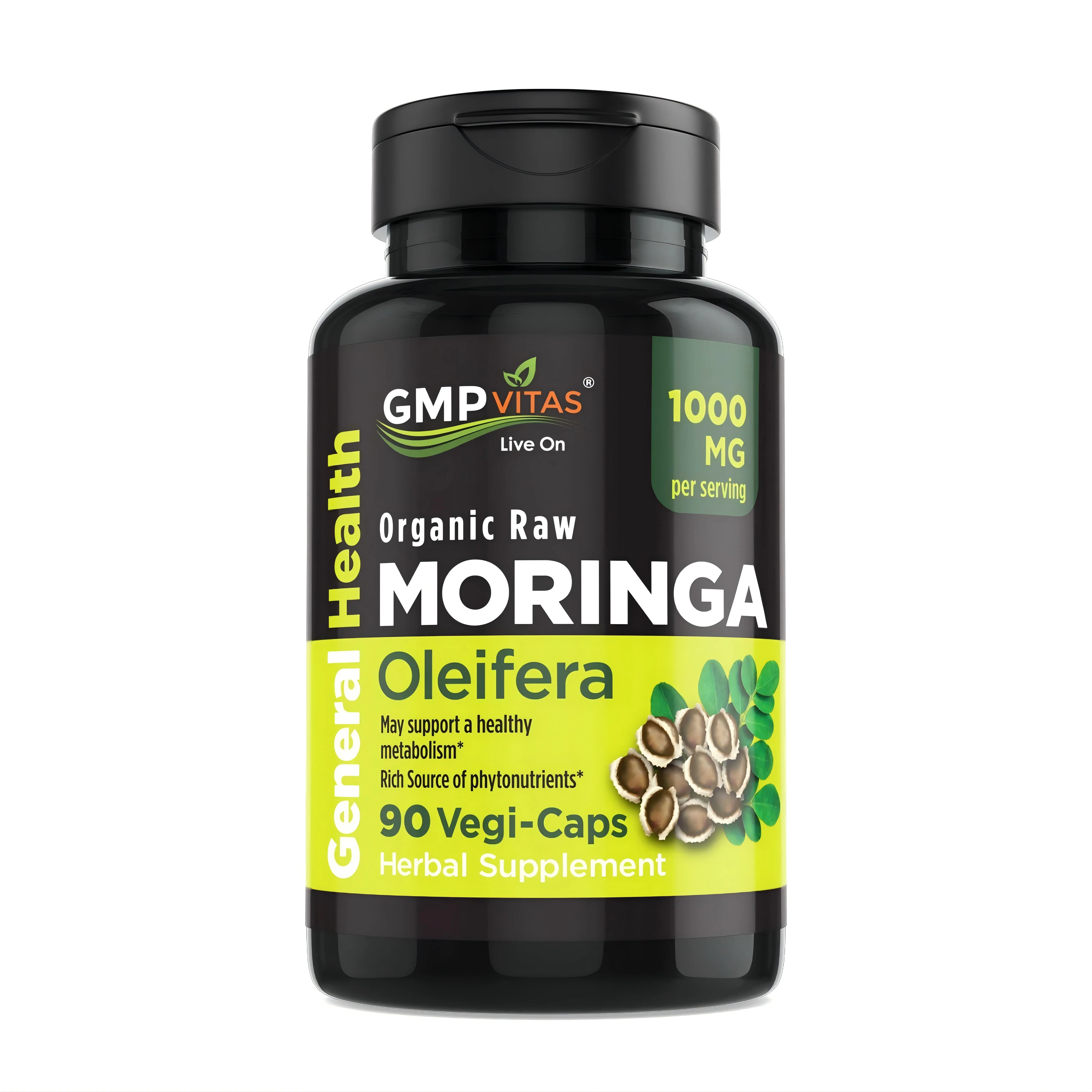 GMP Vitas Organic Moringa Capsules 1000mg - 90 Vegi-Caps for Energy Metabolism & Immune Support - US General Health Supplement