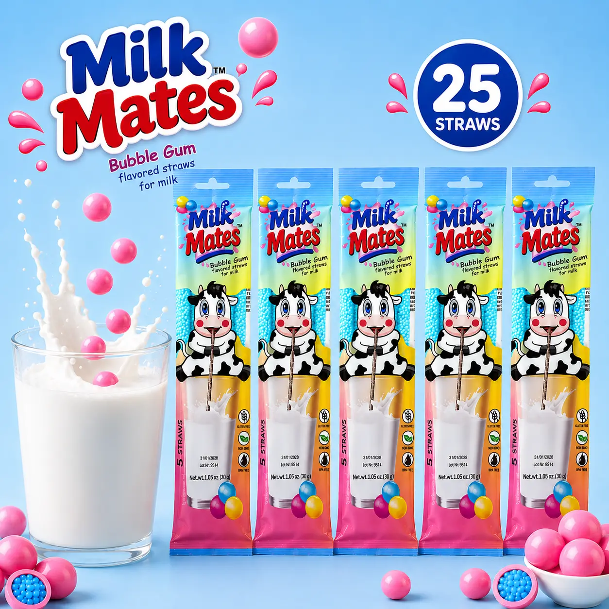 Bubblegum Milk Mild Flavor Straws for 7 oz Glass of Milk– 25 Straws Total (5 Packs, 5 Straws Each), Milk Enhancer Straws for Kids & Adults, No Powder, No Mess, Perfect for 7 oz Glass of Milk, Fun & Easy Way to Enjoy Milk